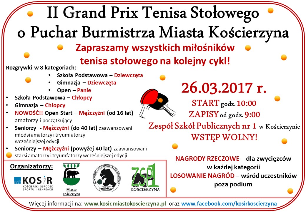 II Grand Prix Tenisa Stołowego o Puchar Burmistrza Miasta Kościerzyna